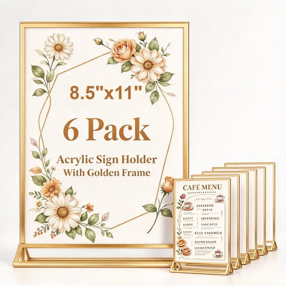 HOHAHO Acrylic Sign Holder, Double Sided,Gold Frame,Crystal Clear Tabletop Display, 6 pack, 8.5x11 inch,for Menu,Table Number Photo