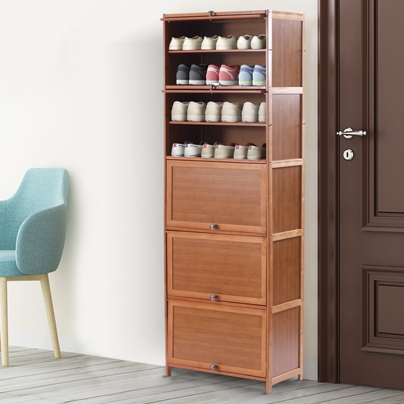 HOHOBLA 10 Tier Shoe Storage Rack Bookshelf with Cabinet Concealed Sliding Doors