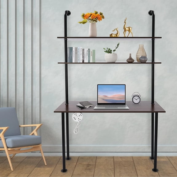 HOHOBLA 3-Tier Industrial Wall Mount Ladder Desk, 2-Shelf Wall Mount Computer Writing Table, Power Strip, 110.23lbs (First Tier) & 22.05lbs Load-Bearing Capacity (Black, Brown, 30x20x78.74in)