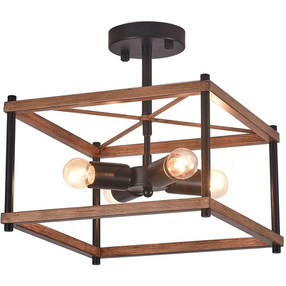 HOHOBLA 4-Light Farmhouse Semi Flush Mount Ceiling Light Fixture Industrial Metal Square Ceiling Lamp Rustic Retro Wood Ceiling Light Fixture for Hallway Entryway Kitchen Living Bedroom D23.6in