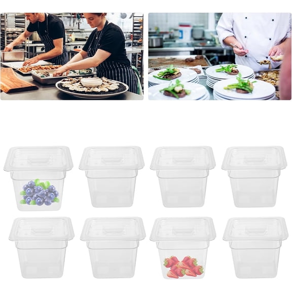 HOHOBLA 8 Pack Food Pans with Lids 1/6 Size Stackable Clear Food Pan Polycarbonate Pan with Capacity Indicator 6" Deep Food Storage Containers for Home Kitchen Restaurant