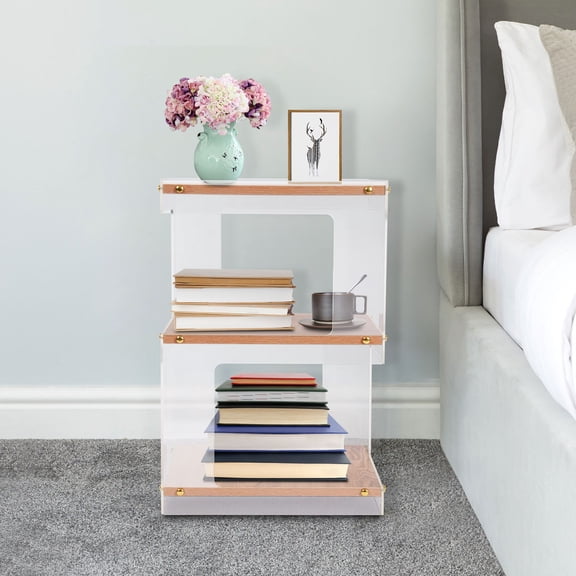 HOHOBLA Acrylic Nightstand Modern Clear Side Table with 3-Tier Design Small Side Table for Place Books, Potted Plants, Candles, Photo Frames (Log Color Clear)