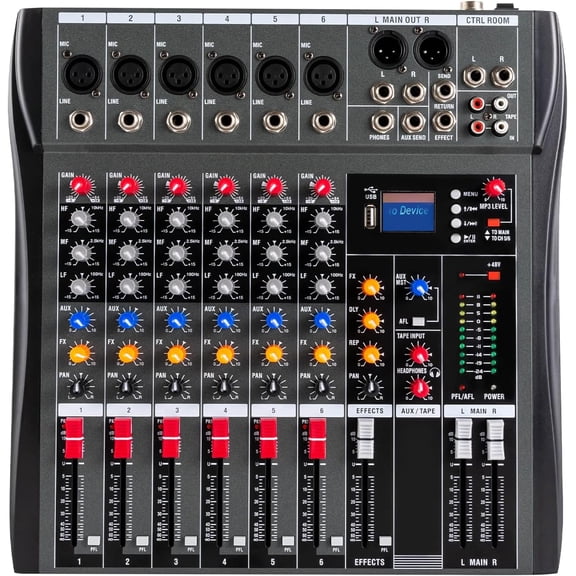 HOHOBLA DJ Audio Console Mixer 8 Channel Stereo Sound Mixer Professional Interface 48V Phantom USB Recording Power Mixers for DJ Studio Podcast (6 Channel Console Mixer)