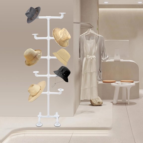 HOHOBLA Freestanding Hat Holder Floor Standing Hat Rack with 10 Hooks Industrial Hats Rack Metal Freestanding Hats Stand for Retail Display Home (white)