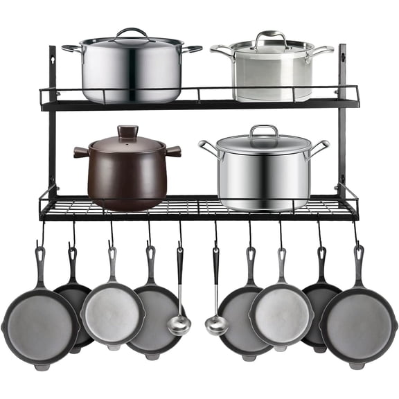 HOHOBLA Hanging Pot Rack, 2 Tiers Large Capacity Pots and Pans Organizer with 10 Hooks, Mounted Hanging Rack for Kitchen Storage and Organization