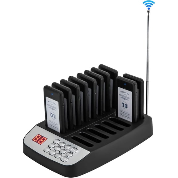 HOHOBLA Restaurant Pager System 10 Pagers Wireless Calling System with 16 Charge Slot & 98 Extensions Lineup Waiting Signal Calling Machine Electric Queue Signal Beeper for Restaurant Cafe