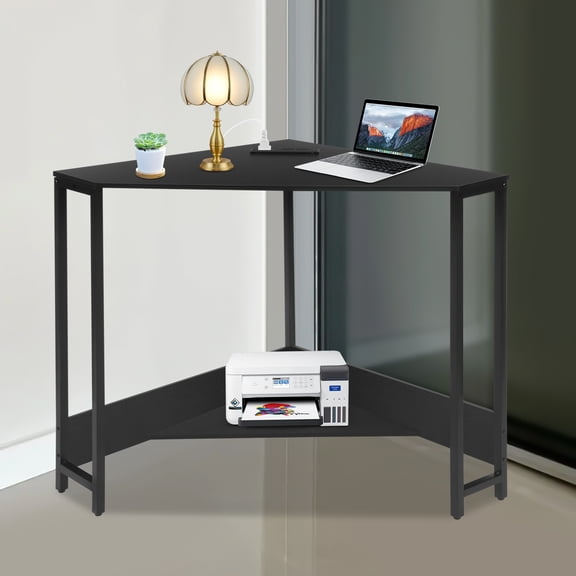 HOHOBLA Triangular Corner Desk, Small Desk with Outlets, Free Standing Corner Table