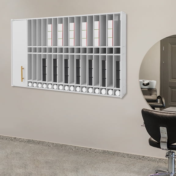 HOHOBLA Wall Mounted Hair Salon Storage Cabinet PVC Color Tube Organizer for Beauty Salon, Barber Shop, Adjustable Shelves, Door with Handle, White (43.5"x26.6"x7")