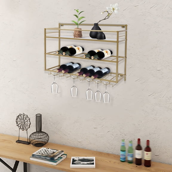 HOHOBLA Wine Rack 3 Tier Wall Mount Wine Storage Rack Metal Hanging Glass Holder 31.5x9.8x21.6" Wine Display Shelf with Hook for Home Kitchen Decoration Gold