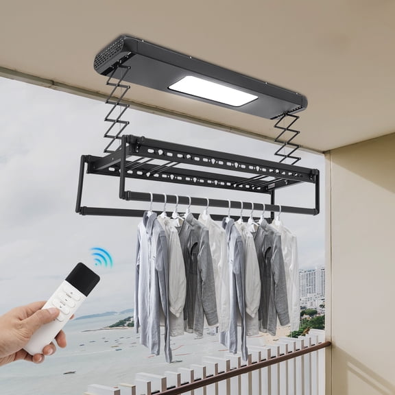 HOHOBLA wand Ceiling Clothesline, Electrical Drying Rack w/ 8 Rod & Light Up Lamps