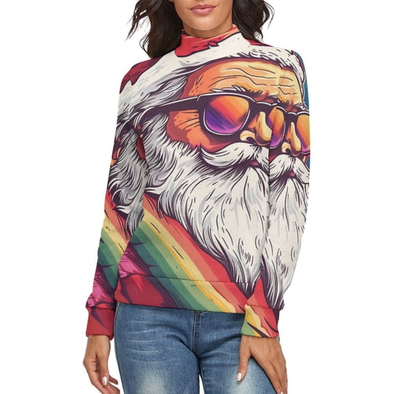 HOHOHO Gay Santa Rainbow Women's Turtleneck Sweater Long Sleeve Ribbed Fitted Turtle Neck Casual Fall Winter Collection Top M
