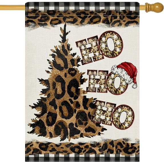 HOHOHO Leopard Christmas Tree Decorative House Flag, Xmas Hat Cheetah Farmhouse Home Yard Garden Outdoor Decor, Winter Holiday Large Outside Decoration Double Sided 28 x 40