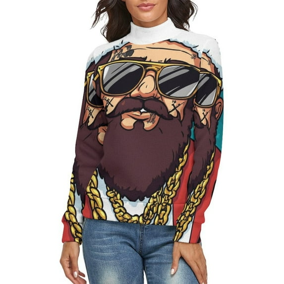 HOHOHO Santa Claus Women's Turtleneck Sweater Long Sleeve Ribbed Fitted Turtle Neck Casual Fall Winter Collection Top XL