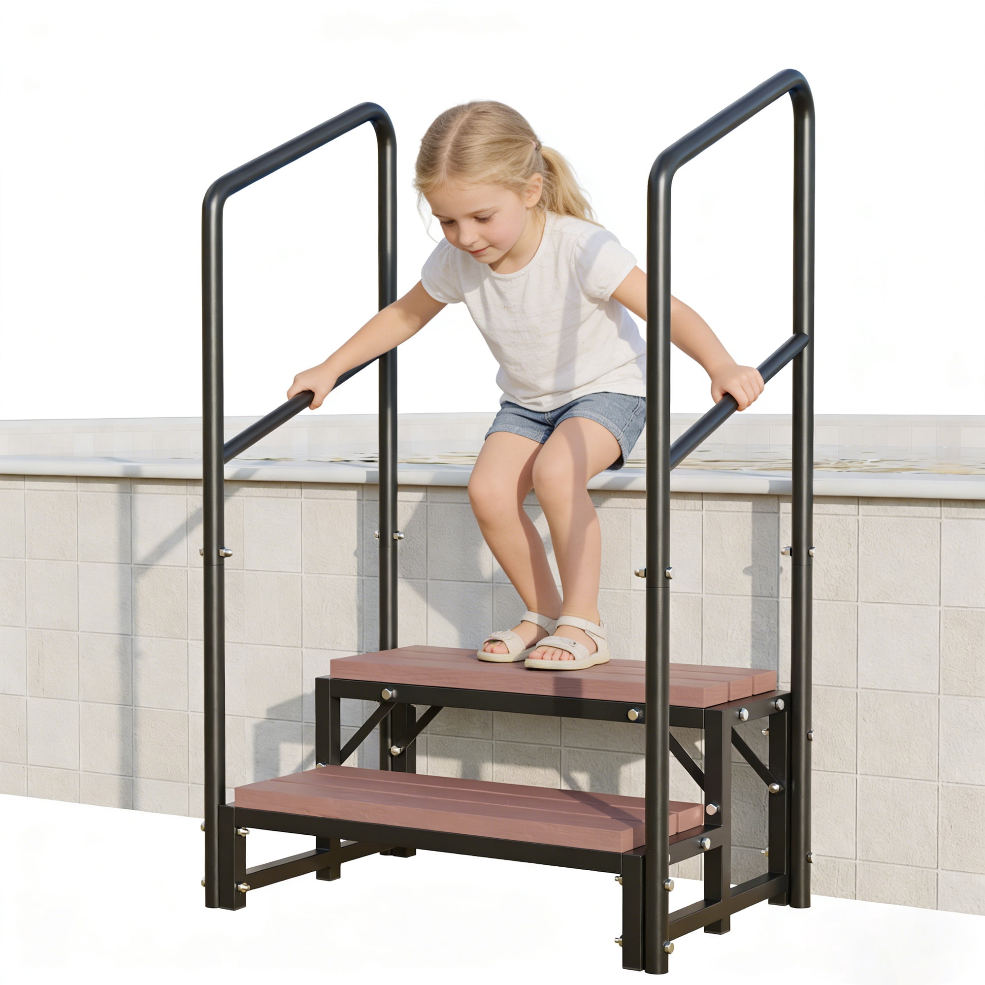 HOHYN 2-Step Hot Tub Stairs with Handrail, 33" Wide Heavy Duty Outdoor Spa Steps, 400 lbs Capacity Metal Frame Pool Steps for Inflatable Pool, Porch, Patio, Deck, RV