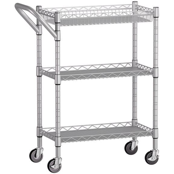 HOHYN 3 Tier Industrial-Grade Commercial Grade Utility Cart, Wire Rolling Cart with Handle Bar, Steel Service Cart with Wheels, Kitchen Carts on Wheels, Metal Cart Shelf Size 18" D x 23.8" W, Silver