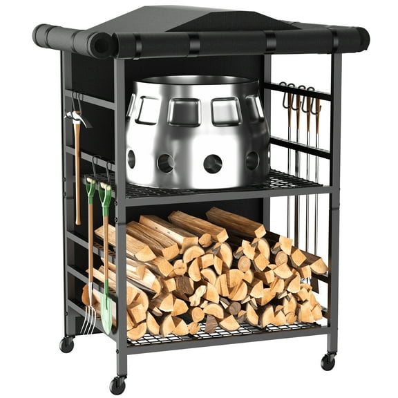 HOHYN 4.5ft Heavy-Duty Firewood Storage Station for Premium Stove Yukon/Bonfire/Ranger - Adjustable Log Rack with PVC Waterproof Cover, 34.8"W Mobile Cabinet & Tool Hooks