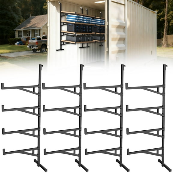 HOHYN 4-Pack Heavy-Duty 3-Tier Shipping Container Shelving Brackets, 19.88"D x 66.92"H, 1100 lb Capacity Universal Storage Racks for Freight Containers, Black