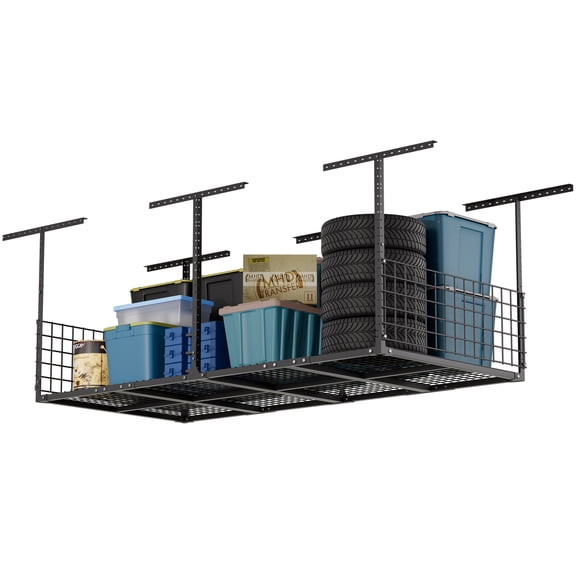 HOHYN 96"x48" Heavy Duty Garage Ceiling Storage Rack, 600 LBS Capacity Overhead Garage Storage with Adjustable Height (22"-42"), Black Metal Rack for Garage Organizers and Storage