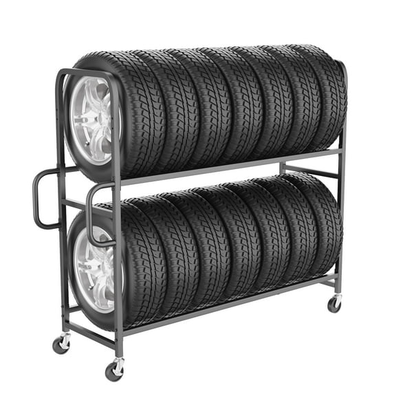 HOHYN 2-Tier Heavy-Duty Tire Storage Rack, Rolling & Adjustable Tire Rack with 2 Lockable Wheels & Comfort Grip, 59"H x 19.7"D x 57"W, Holds 10-14 Tires for Garage, Workshop & Depo