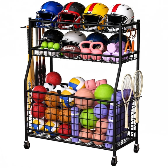 HOHYN All-in-One Rolling Sports Equipment Organizer | 3-Layer Ball Storage Cart for Garage, Gym & Outdoor Use | Holds Balls, Helmets, Bats & Gear