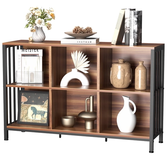 HOHYN Farmhouse 3 Tier Open Book Shelf, Wood and Metal 6 Cube Storage Organizer, Modern Low Horizontal Bookshelf for Bedroom Living, Long Wide Office Cubby Bookcase with Storage, Rustic Brown