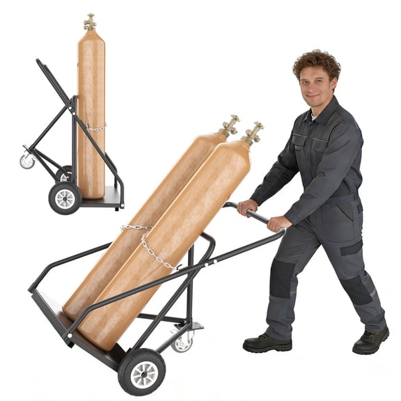 HOHYN Dual Welding Cylinder Cart, torch cart, Oxygen Acetylene Tank Cart with 440LBS Static Weight Capacity, 10-Inch Solid Wheels and Tank Storage Safety Chains,1 Lockable Wheel