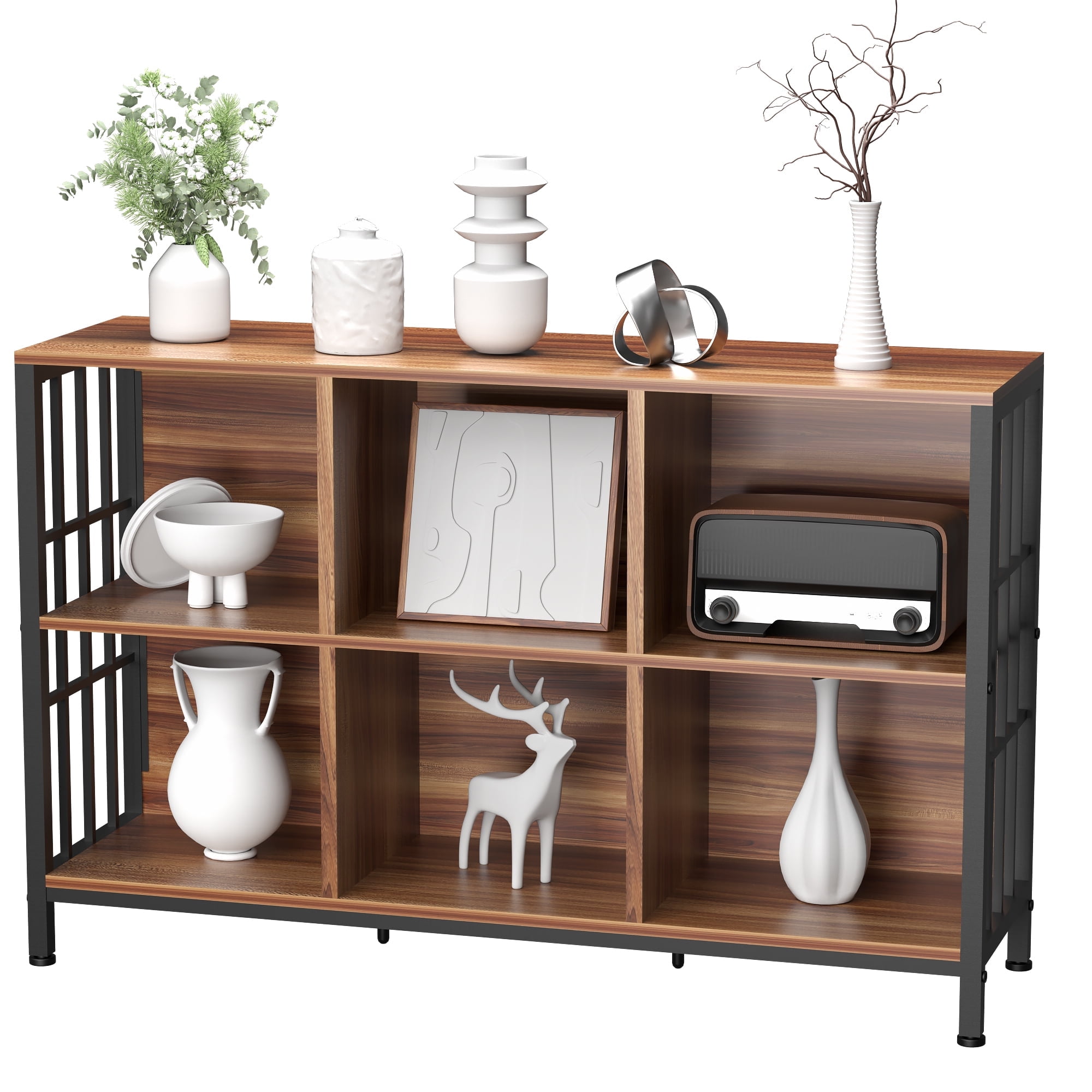 HOHYN Farmhouse 3 Tier Open Book Shelf, Wood and Metal 6 Cube Storage Organizer, Modern Low Horizontal Bookshelf for Bedroom Family, Long Wide Office Cubby Bookcase with Storage, Rustic Brown