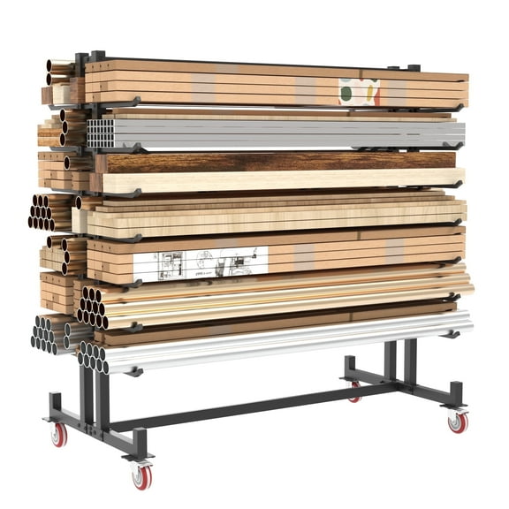 HOHYN Heavy-Duty Mobile Lumber Rack & Pipe Rack | 8-Bin Storage System with 2,000 LB Load Rating | Industrial Rolling Platform Base, Fork Pockets & Locking Casters