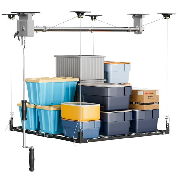 HOHYN Overhead Garage Storage Lift, Adjustable Heavy-Duty 47.24x47.24 Inch Ceiling Rack with Security Lock, Garage Organization System, 400lbs Load Rating (Standard Edition)