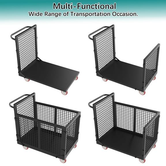 HOHYN Platform Truck Cart with Cage, 6-in-1 Multi-Purpose Flatbed Cart, Collapsible Hand Truck Load 1800 LBS with 4 Wheels Push Cart Dolly for Grocery, Laundry, Garage, Multi-Scene Use (Black)