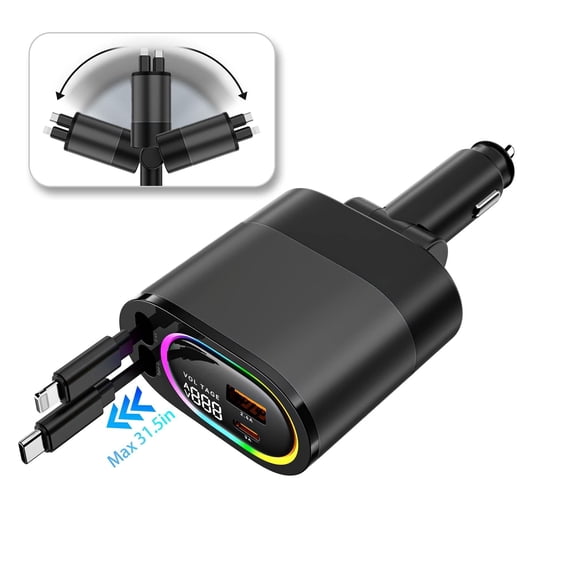 HOIFA 4 In 1 Retractable Fast Car Charger with iPhone and Type C Cord 2.6ft, Dual USB Ports, RGB Light, for SUV RV Truck, Car Accessories for Women Men, Black