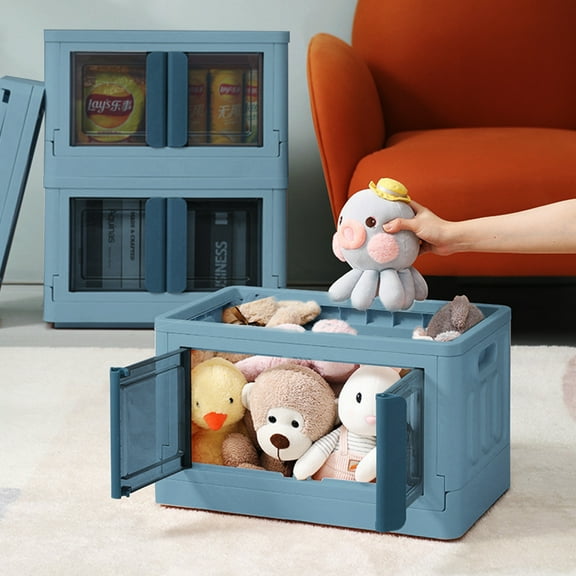 HOIN Storage Bin with Lid and Door 35L Foldable Plastic Storage Box with Wheel-Blue