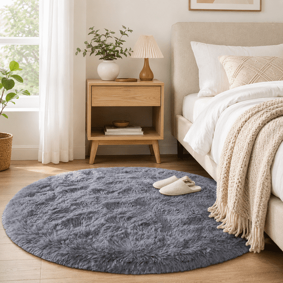 HOISUN 4'x4' Washable Gray Purple Round Shaggy Area Rug for Bedroom, Soft Plush Rug with TPR Backing