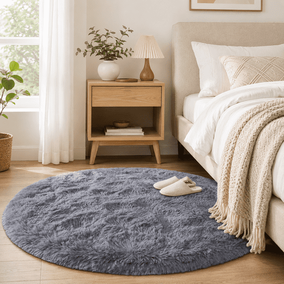 HOISUN 4'x4' Washable Gray Purple Round Shaggy Area Rug for Bedroom, Soft Plush Rug with TPR Backing