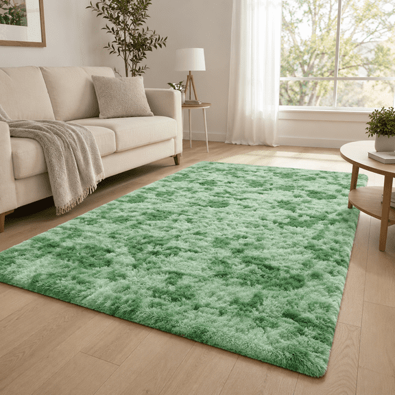 HOISUN 4'x6' Light Green Soft Plush Tie-Dye Pattern Shaggy Area Rug, Machine Washable Polyester Rug for Bedroom Living Room