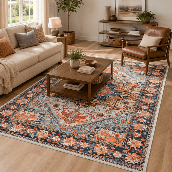 HOISUN 4'x6' Orange Vintage Persian Area Rug for Living Room Bedroom, Machine Washable Non-Slip Carpet