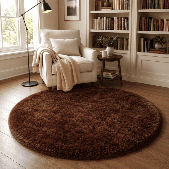 HOISUN 5'x5' Washable Coffee Round Shaggy Area Rug for Bedroom, Soft Plush Rug with TPR Backing