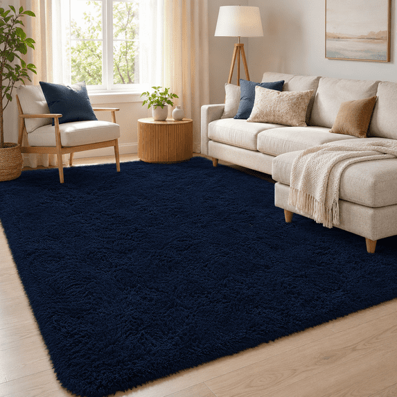 HOISUN 5x8 ft Soft Shag Area Rug for Bedroom Living Room, Fluffy Plush Non-Slip Carpet, Navy Blue