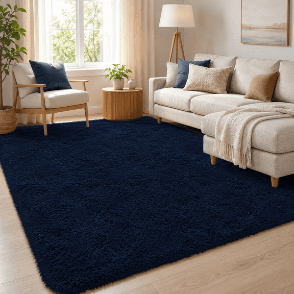 HOISUN 6x9 ft Soft Shag Area Rug for Bedroom Living Room, Fluffy Plush Non-Slip Carpet, Navy Blue