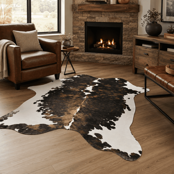 HOISUN 5.2'x6.2' Brown Faux Cowhide Area Rug for Living Room, Non-Slip Carpet