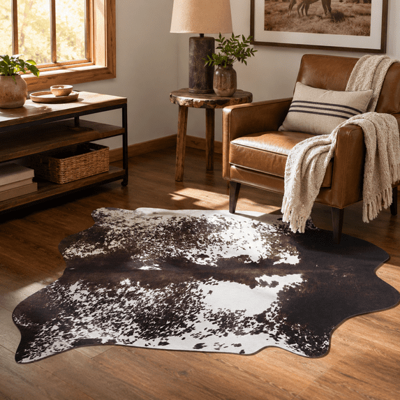 HOISUN 6.2'x7' coffee brown Faux Cowhide Area Rug for Living Room, Non-Slip Carpet
