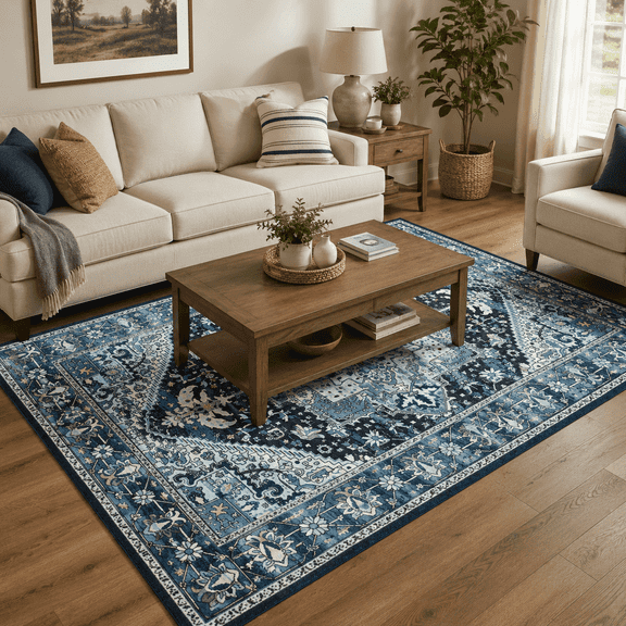 HOISUN 5'x8' Blue Vintage Persian-Inspired Washable Area Rug for Living Room