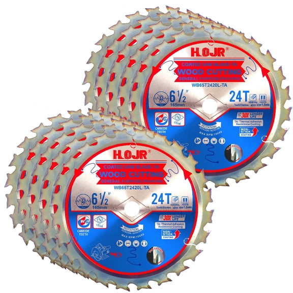 HOJR 10-Pack 6-1/2" 24-Tooth 5/8“ Arbor Framing Saw Blade,Framing/General Purpose, Special Anti-Thermal Adhesion Coating on Cutting Edge - TA,High Finish,Long Life,6-1/2" 24T 5/8"