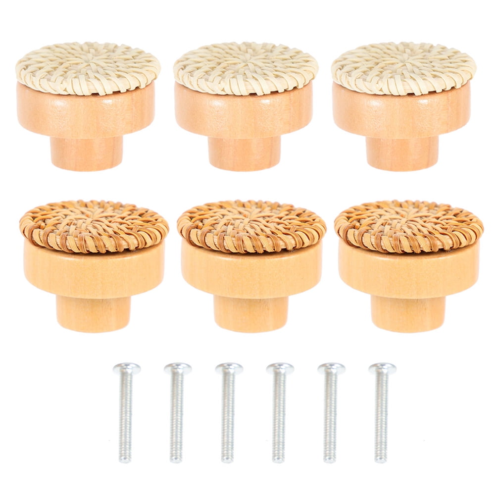 HOKARUA 6pcs Bohemian Dresser Knobs Wooden Drawer Decorative Knobs Rattan Pulls