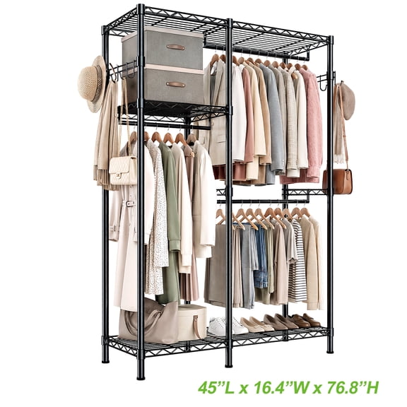 HOKEEPER 1100LBS Portable Closet Wardrobe Heavy Duty Clothes Rack, Freestanding Clothing Rack with 3 Hang Rods, 5 Shelves & Hooks , Adjustable Closet Garment Rack Commercial Grade, Black