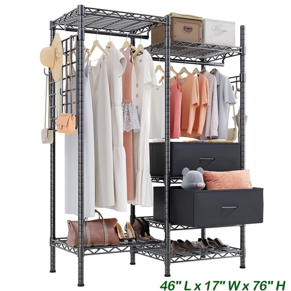 HOKEEPER 1200LBS Portable Closet Wardrobe Heavy Duty Clothes Rack, Freestanding Clothing Rack with 2 Hang Rods, 6 Shelves & 2 Drawers , Adjustable Closet Garment Rack, 46" L x 17" W x 76" H Black
