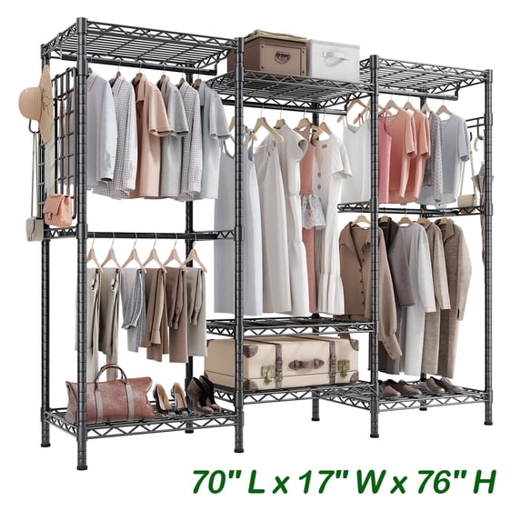 HOKEEPER 1600LBS 70" L x 17" W x 76" H Portable Closet Wardrobe Heavy Duty Clothes Rack, Clothing Rack with 5 Hang Rods, 7 Shelves & Hooks , Commercial Grade Adjustable Closet Garment Rack, Black