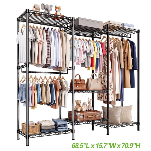 HOKEEPER 1600LBS 68.5" L x 15.7" W x70." H Portable Closet Wardrobe Heavy Duty Clothes Rack, Clothing Rack with 4 Hang Rods, 7 Shelves & Hooks , Commercial Grade Adjustable Closet Garment Rack, Black