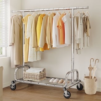 walmart dress rack MyGift Black Double Rod Garment with Shelf Freestanding Clothing Stand providing a reliable spot to hang your wardrobe Clothes Racks in Store Fixtures