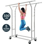 HOKEEPER 330 lbs Heavy Duty Clothing Garment Rack Rolling Commercial Grade Clothes Rack on Wheels Double Adjustable Collapsible, Chrome Finish